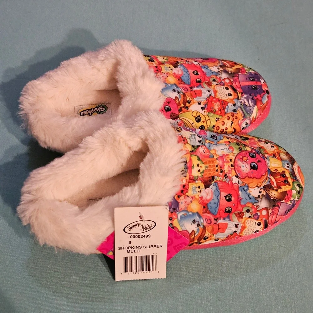 Shopkins Slippers‎ Kids Small 11-12 Pink Cozy Plush Faux Fur Lined Slip On NEW